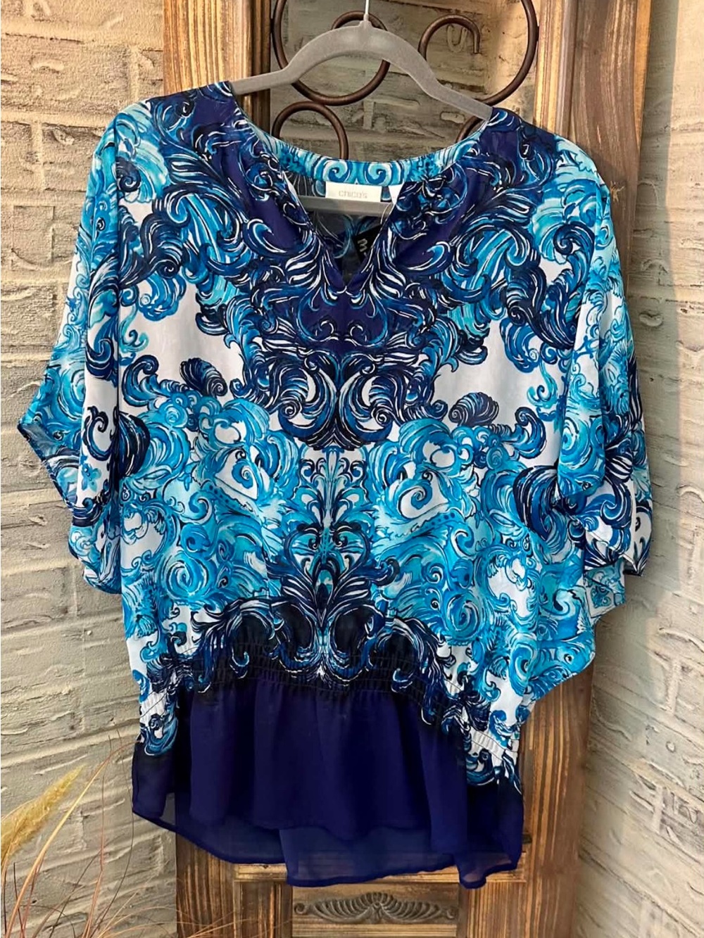 Chico's Blue and White Swirl Print Tunic Blouse